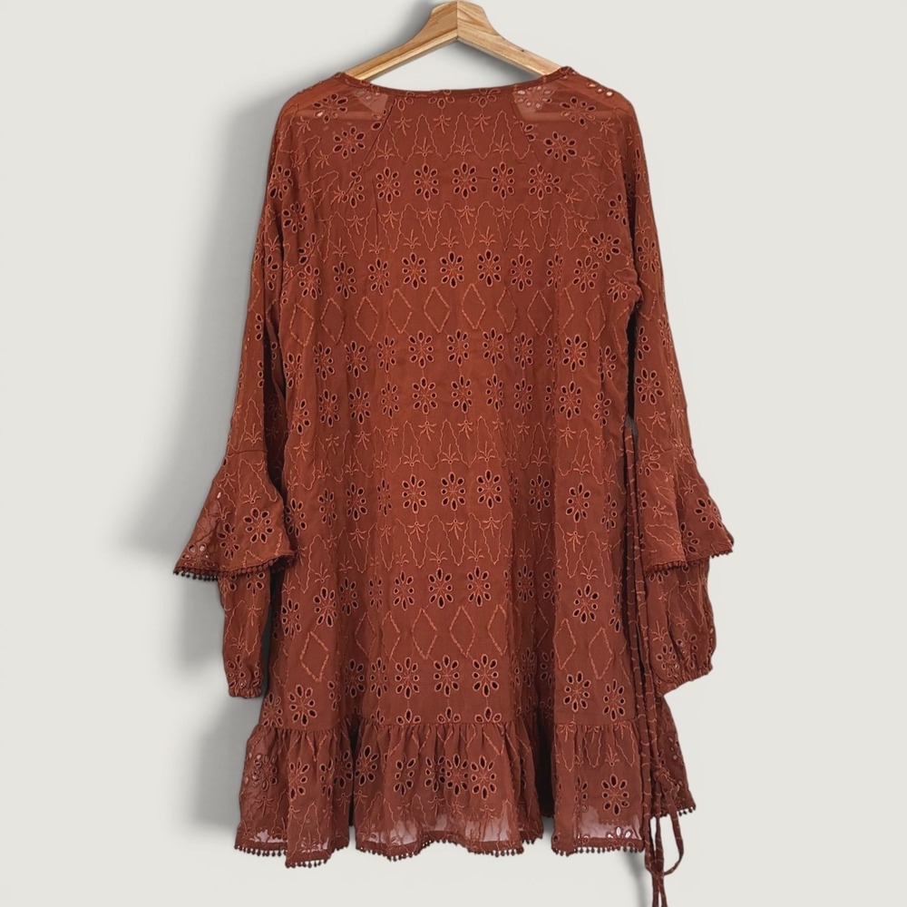 Shayanne Rust Eyelet Embroidered Dress Size Large Boho Ruffle Hem Belted Western